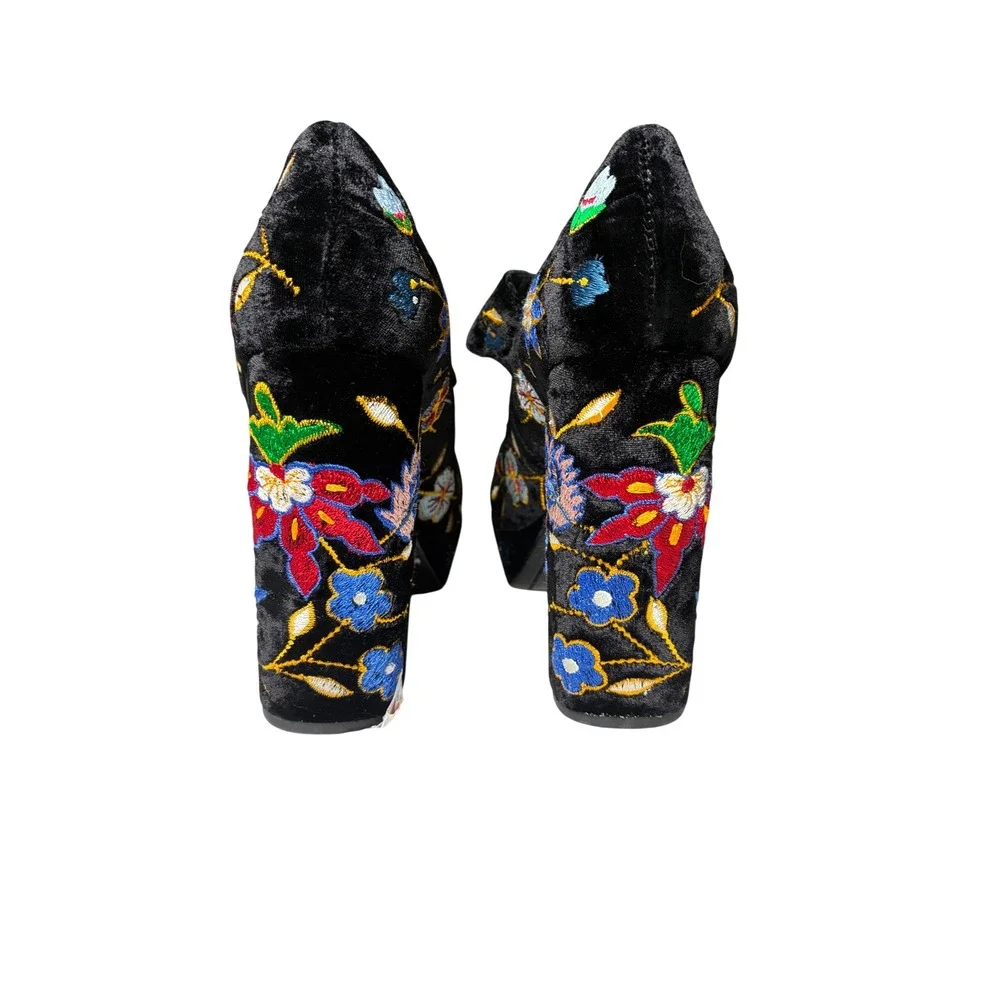 Alice + Olivia Embroidered Velvet Platform Mary Jane Block Heel Pumps EU 37 US 7